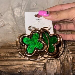 Green and Gold Clover Hoop Earrings